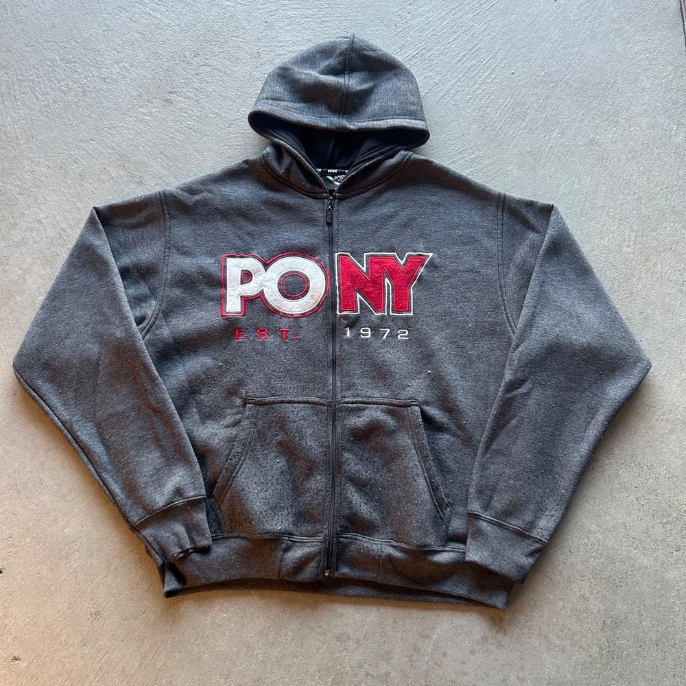Vintage Y2K Pony Sweatshirt Size‎ Large Gray Full Zip Hoodie Streetwear Skater